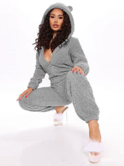 Long Sleeve Hooded Casual Jumpsuit Pants Plush Loungewear - 808Lush