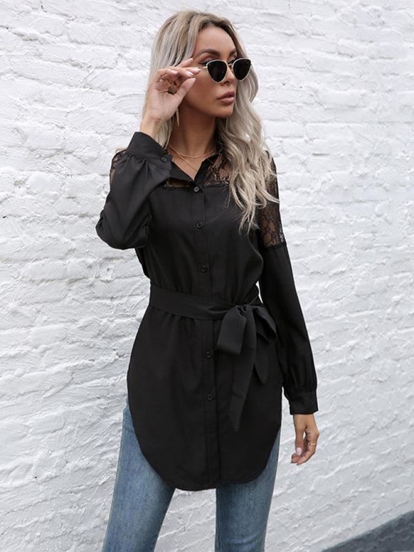 Long round neck, long sleeves and waisted black patchwork lace shirt - 808Lush