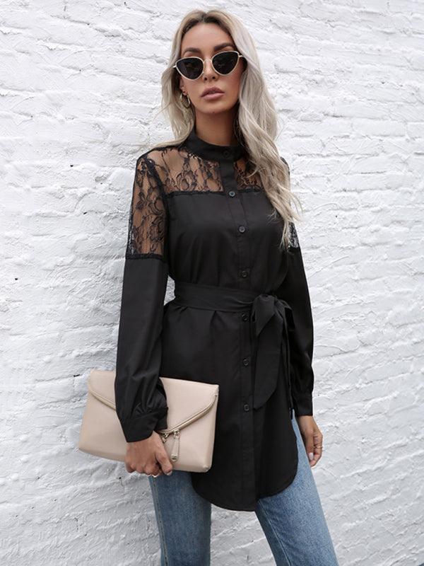 Long round neck, long sleeves and waisted black patchwork lace shirt - 808Lush