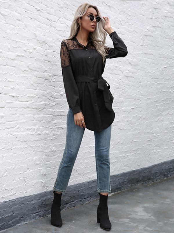 Long round neck, long sleeves and waisted black patchwork lace shirt - 808Lush