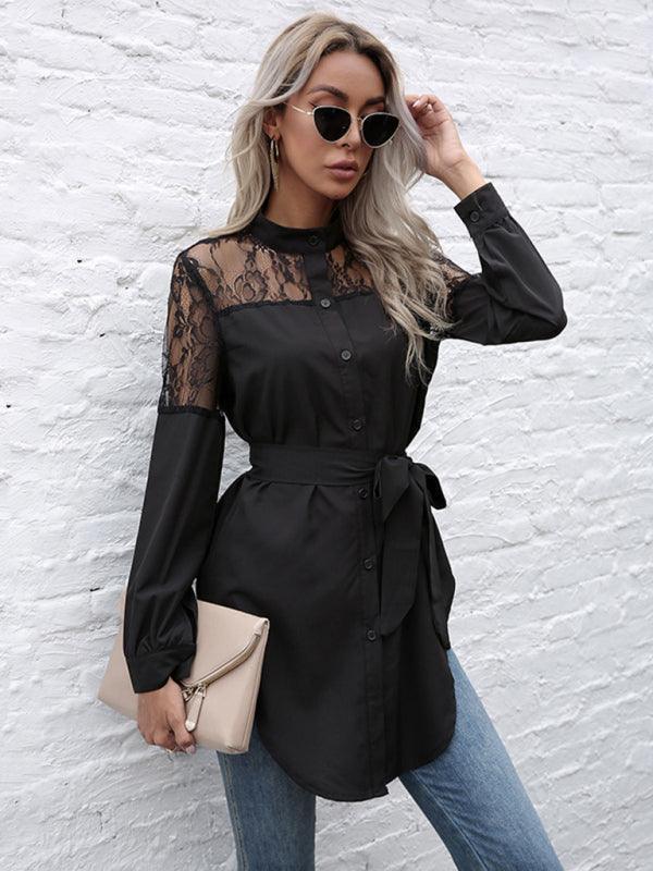 Long round neck, long sleeves and waisted black patchwork lace shirt - 808Lush