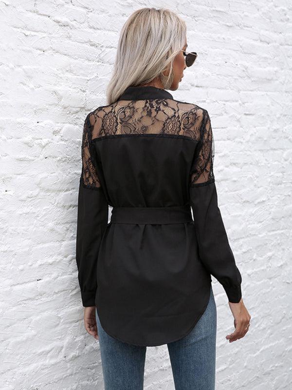 Long round neck, long sleeves and waisted black patchwork lace shirt - 808Lush