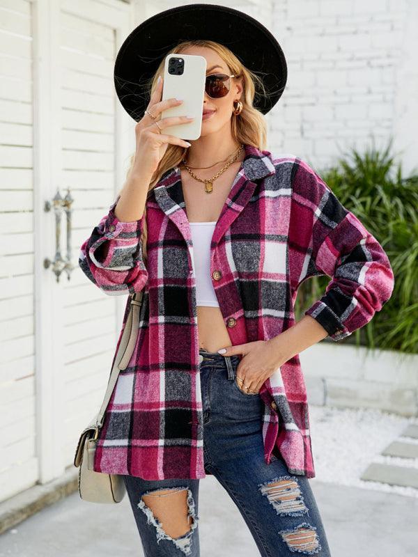 Long-sleeve lapel plaid shirt jacket - 808Lush