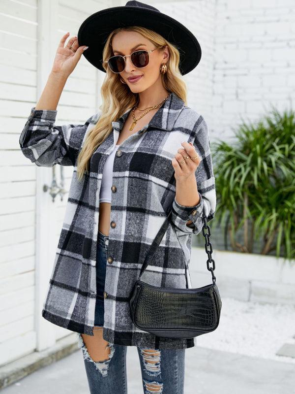 Long-sleeve lapel plaid shirt jacket - 808Lush