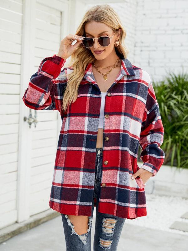 Long-sleeve lapel plaid shirt jacket - 808Lush