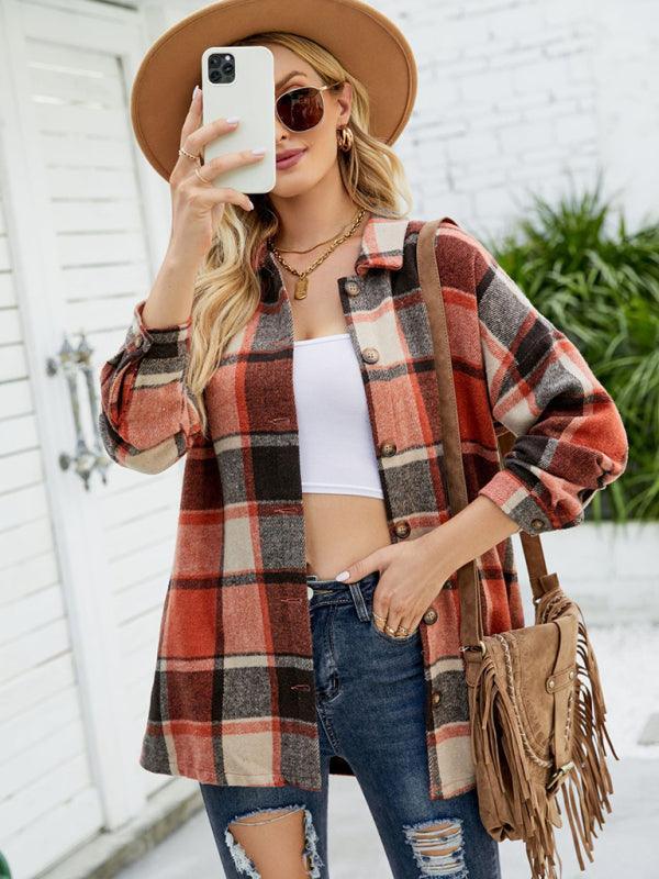 Long-sleeve lapel plaid shirt jacket - 808Lush