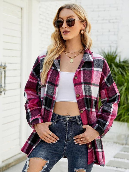 Long-sleeve lapel plaid shirt jacket - 808Lush