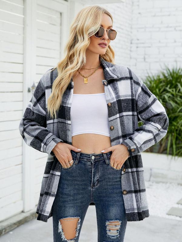 Long-sleeve lapel plaid shirt jacket - 808Lush