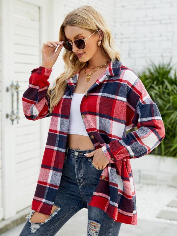 Long-sleeve lapel plaid shirt jacket - 808Lush