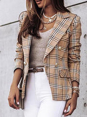 Long-sleeved double-breasted plaid-print blazer - 808Lush