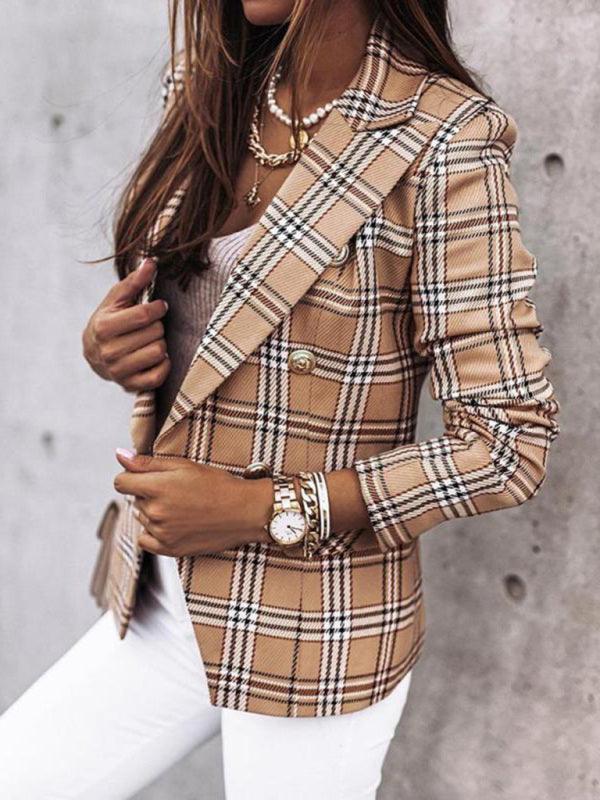 Long-sleeved double-breasted plaid-print blazer - 808Lush