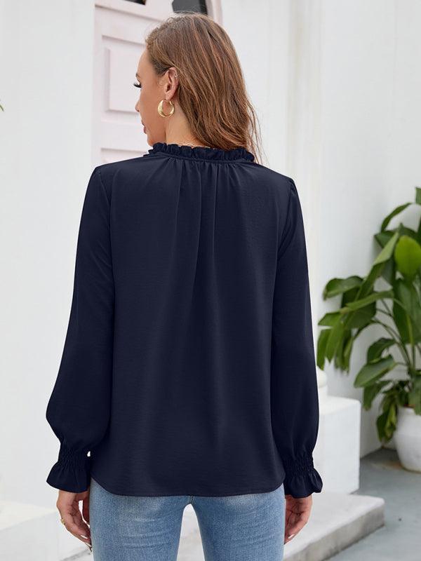 Long-sleeved tops V-neck casual loose chiffon tops for women - 808Lush