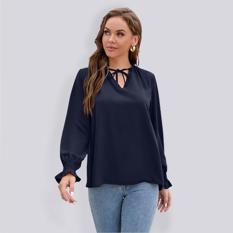 Long-sleeved tops V-neck casual loose chiffon tops for women - 808Lush