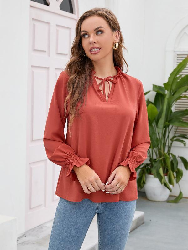 Long-sleeved tops V-neck casual loose chiffon tops for women - 808Lush