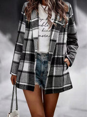 Loose Plaid Printed Long Sleeve Pocket Wool Jacket Cardigan - 808Lush