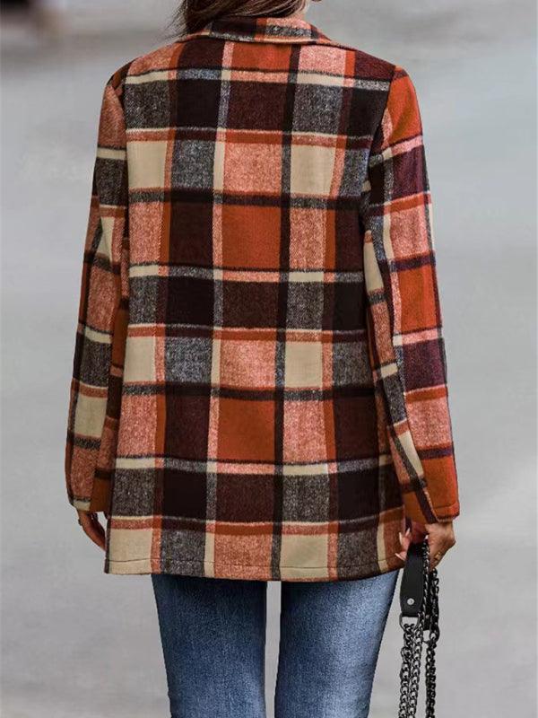 Loose Plaid Printed Long Sleeve Pocket Wool Jacket Cardigan - 808Lush