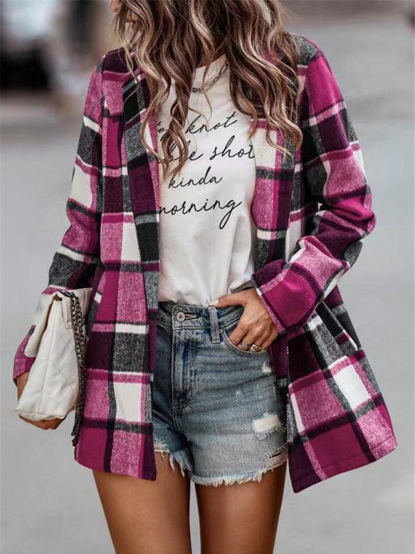 Loose Plaid Printed Long Sleeve Pocket Wool Jacket Cardigan - 808Lush