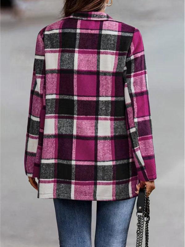 Loose Plaid Printed Long Sleeve Pocket Wool Jacket Cardigan - 808Lush