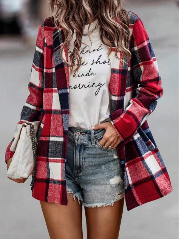 Loose Plaid Printed Long Sleeve Pocket Wool Jacket Cardigan - 808Lush