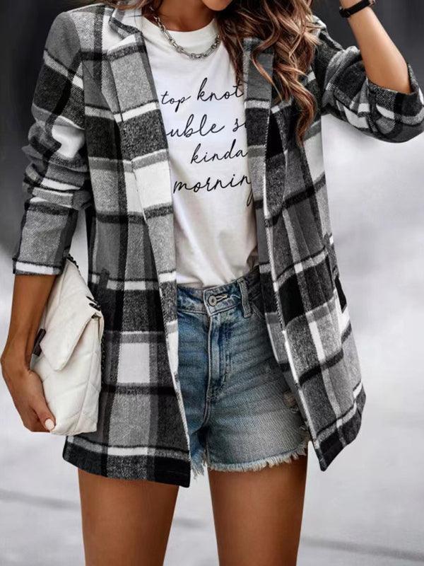 Loose Plaid Printed Long Sleeve Pocket Wool Jacket Cardigan - 808Lush