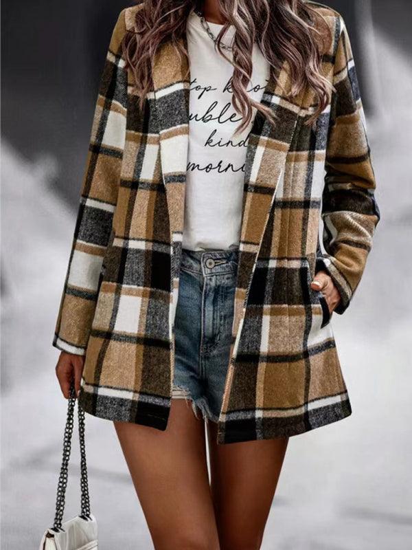 Loose Plaid Printed Long Sleeve Pocket Wool Jacket Cardigan - 808Lush