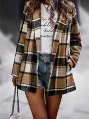 Loose Plaid Printed Long Sleeve Pocket Wool Jacket Cardigan - 808Lush