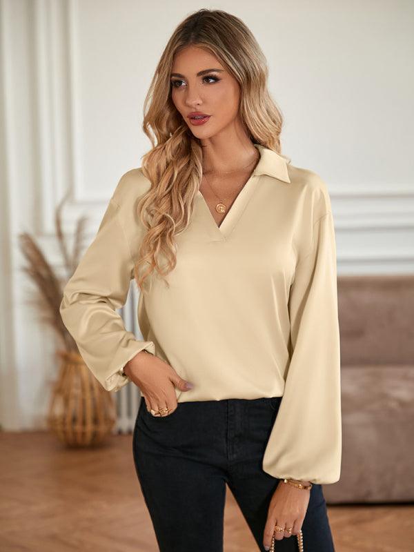 Loose V-neck knotted long-sleeved trendy blouse - 808Lush