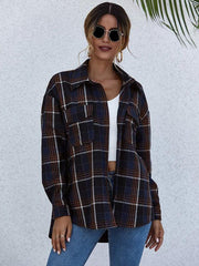 Loose casual single-breasted shirt with lapel plaid pockets - 808Lush