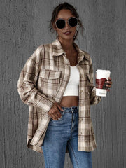 Loose casual single-breasted shirt with lapel plaid pockets - 808Lush