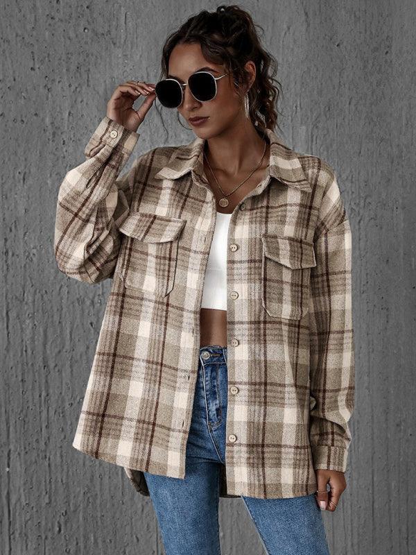 Loose casual single-breasted shirt with lapel plaid pockets - 808Lush