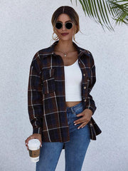 Loose casual single-breasted shirt with lapel plaid pockets - 808Lush