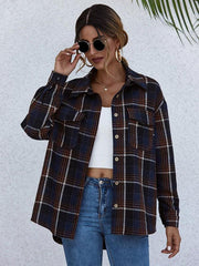 Loose casual single-breasted shirt with lapel plaid pockets - 808Lush