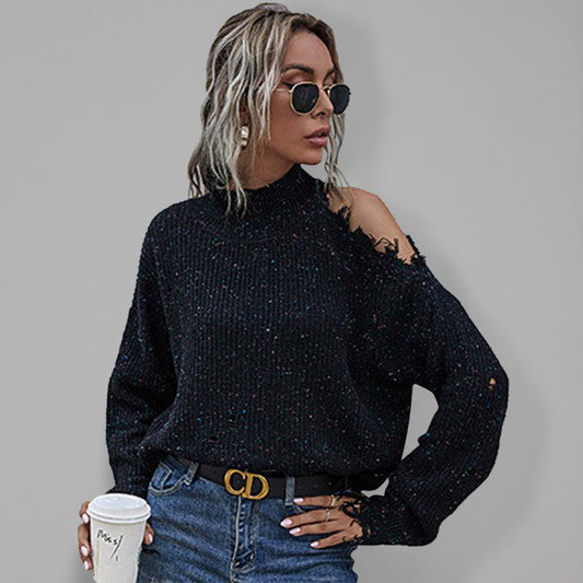 Loose off shoulder hole long sleeve high neck autumn knitted sweater for women - 808Lush