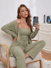 Loungewear Women's Waffle Knit Long Three-Piece Suit - 808Lush