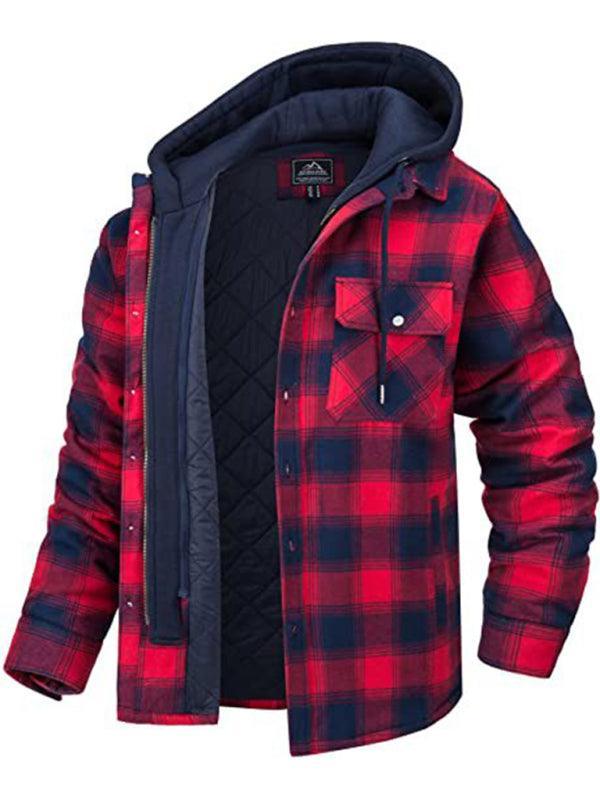 Men casual Thickened Padded Plaid Long Sleeve Loose Hooded Jacket - 808Lush