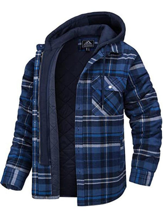 Men casual Thickened Padded Plaid Long Sleeve Loose Hooded Jacket - 808Lush