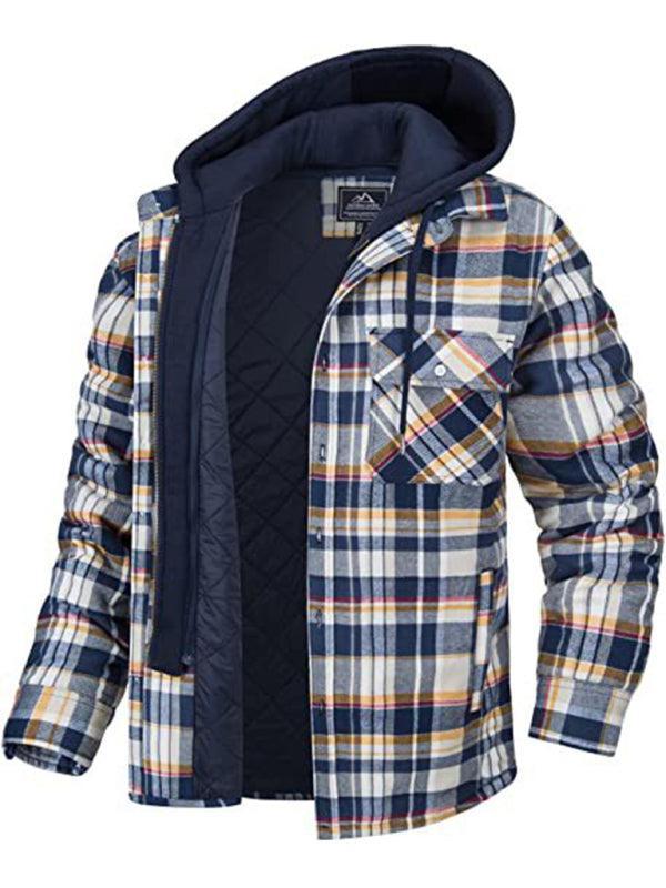 Men casual Thickened Padded Plaid Long Sleeve Loose Hooded Jacket - 808Lush