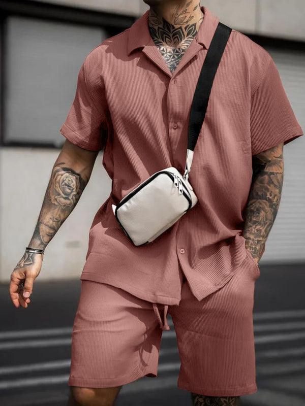 Men's Casual Comfortable Button Lapel Short Sleeve Shorts Set - 808Lush