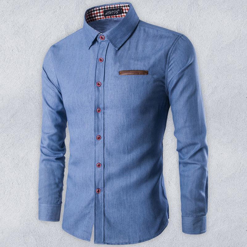 Men's Casual Shirt Pocket Patch Leather Long Sleeve Shirt Denim Shirt - 808Lush