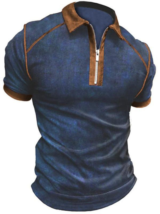 Men's Color Block Zipper Lapel Short Sleeve Polo Shirt - 808Lush