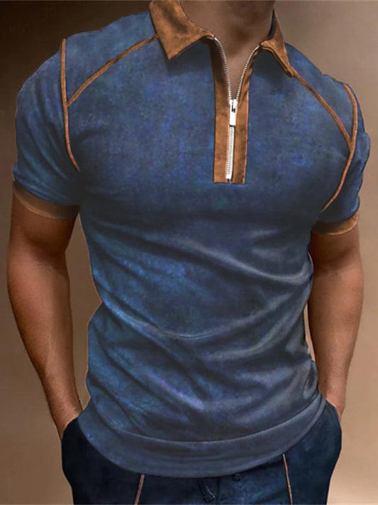 Men's Color Block Zipper Lapel Short Sleeve Polo Shirt - 808Lush