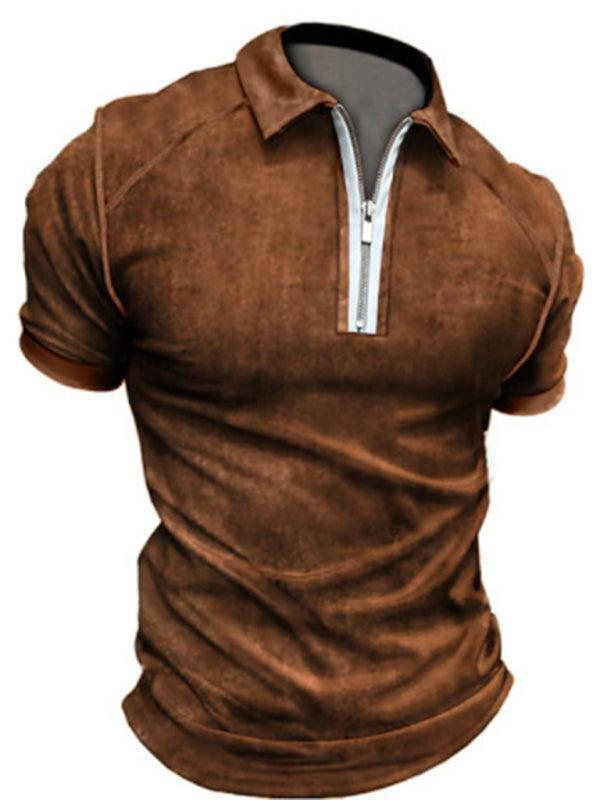 Men's Color Block Zipper Lapel Short Sleeve Polo Shirt - 808Lush