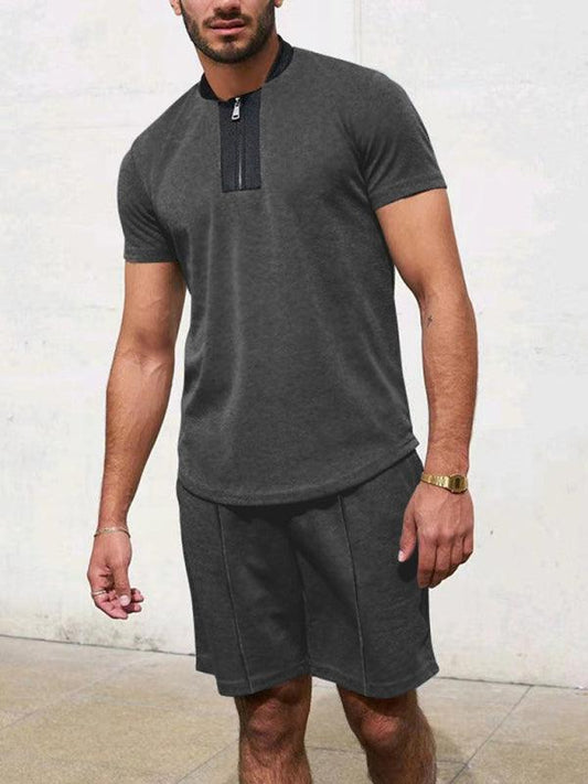 Men's Contrasting Color Waffle V-Neck Zipper T-Shirt + Shorts Casual Suit - 808Lush