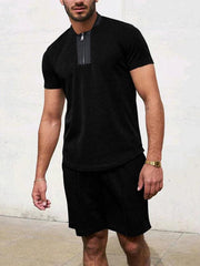 Men's Contrasting Color Waffle V-Neck Zipper T-Shirt + Shorts Casual Suit - 808Lush