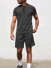 Men's Contrasting Color Waffle V-Neck Zipper T-Shirt + Shorts Casual Suit - 808Lush