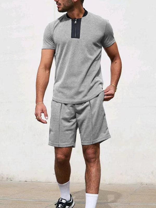 Men's Contrasting Color Waffle V-Neck Zipper T-Shirt + Shorts Casual Suit - 808Lush