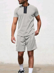 Men's Contrasting Color Waffle V-Neck Zipper T-Shirt + Shorts Casual Suit - 808Lush