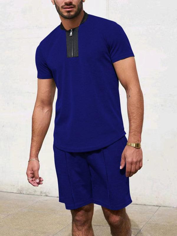 Men's Contrasting Color Waffle V-Neck Zipper T-Shirt + Shorts Casual Suit - 808Lush