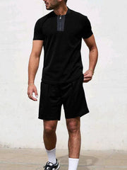 Men's Contrasting Color Waffle V-Neck Zipper T-Shirt + Shorts Casual Suit - 808Lush