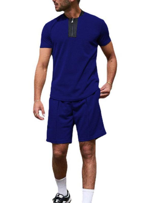 Men's Contrasting Color Waffle V-Neck Zipper T-Shirt + Shorts Casual Suit - 808Lush